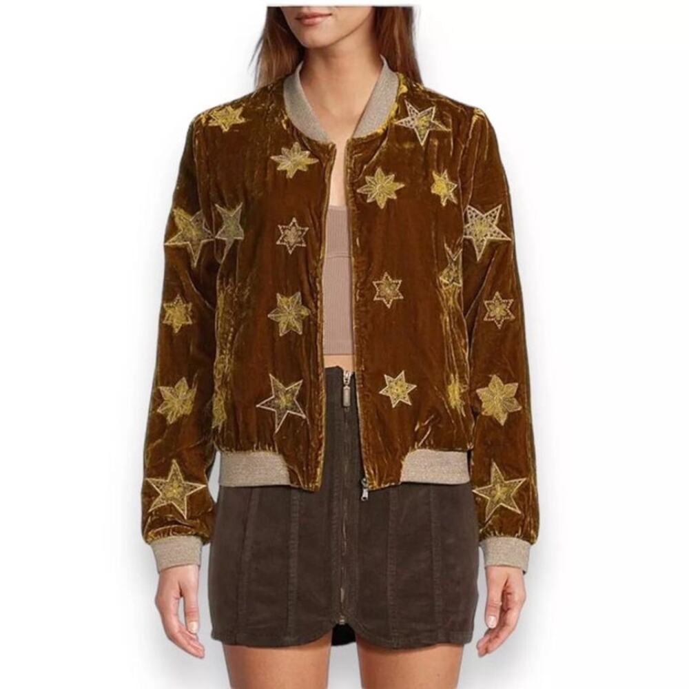NWT Band Of The Free Velvet Bomber Jacket Embroidered Gold Stars sz S Whimsical